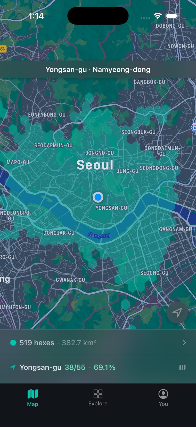 HexStep map showing explored hexes across Seoul