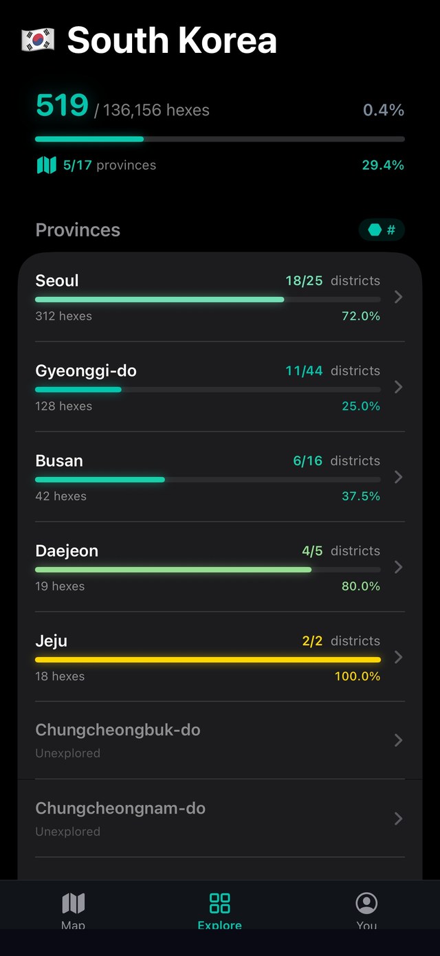 Explore tab showing province progress bars