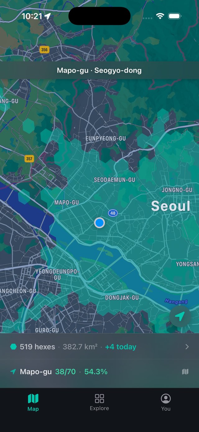 HexStep map view with hex coverage and stats